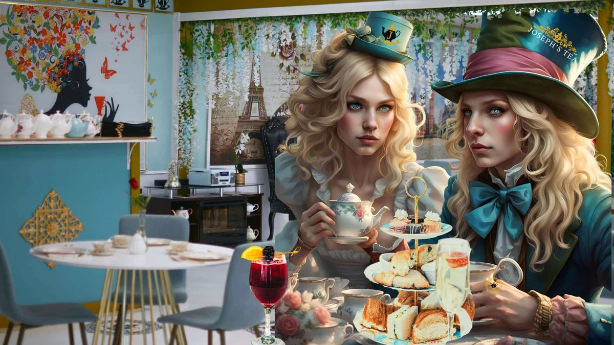 Women enjoying tea in Joseph’s Tea Room: Unique & Beautiful, surrounded by delicious snacks and elegant decor.