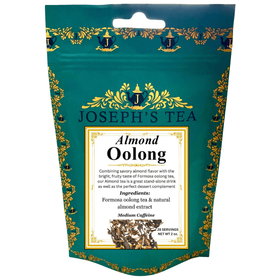 Tea package for 'Almond Oolong' by Joseph's Tea with decorative design and text.