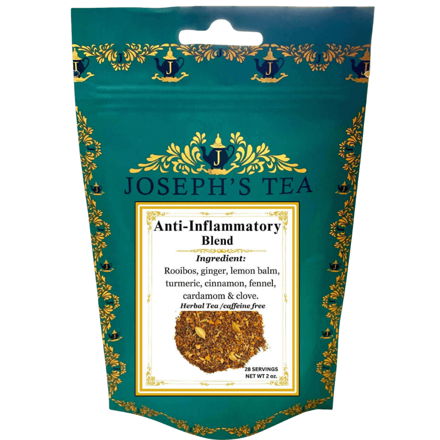 Joseph's Tea Anti-Inflammatory Blend packaging with green background and gold accents.