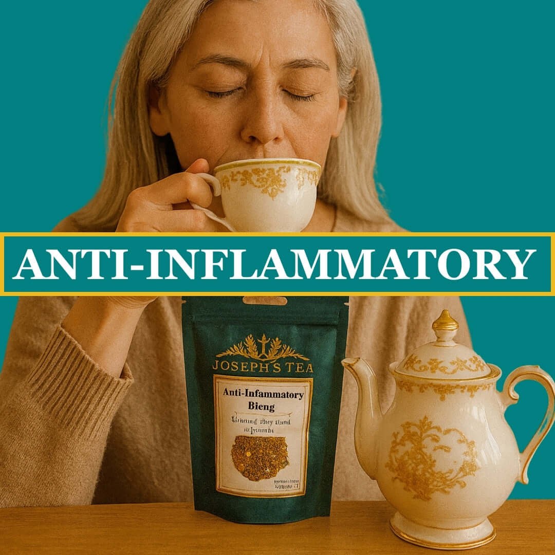 Woman drinking from a teacup with a bag of Joseph's Tea Anti-Inflammatory Blend and a teapot on a wooden table.