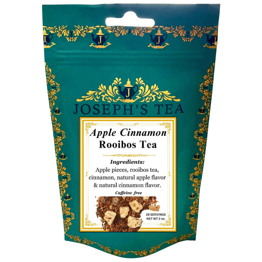 Tea package for Apple Cinnamon Rooibos Tea by Joseph's Tea with decorative elements.
