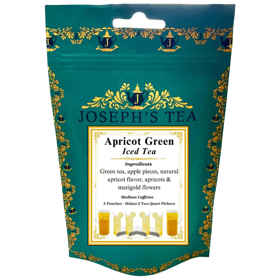 Joseph's Tea Apricot Green Iced Tea package with decorative elements on a white background