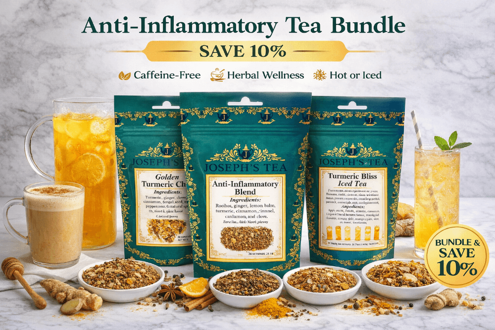 Anti-Inflammatory Tea Bundle with tea packages, drinks, and ingredients on a light background