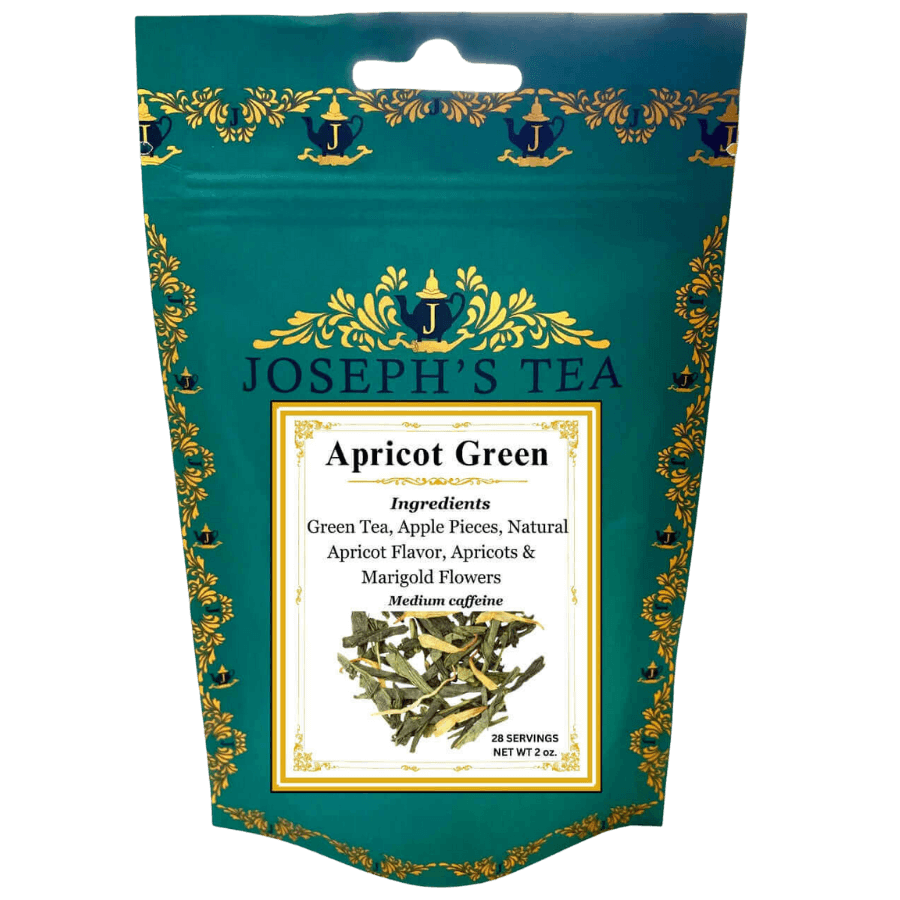 Tea package for 'Apricot Green' by Joseph's Tea with decorative elements.