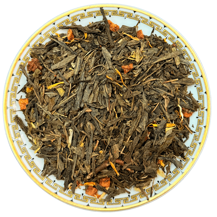 Tea leaves on a decorative plate with a white background