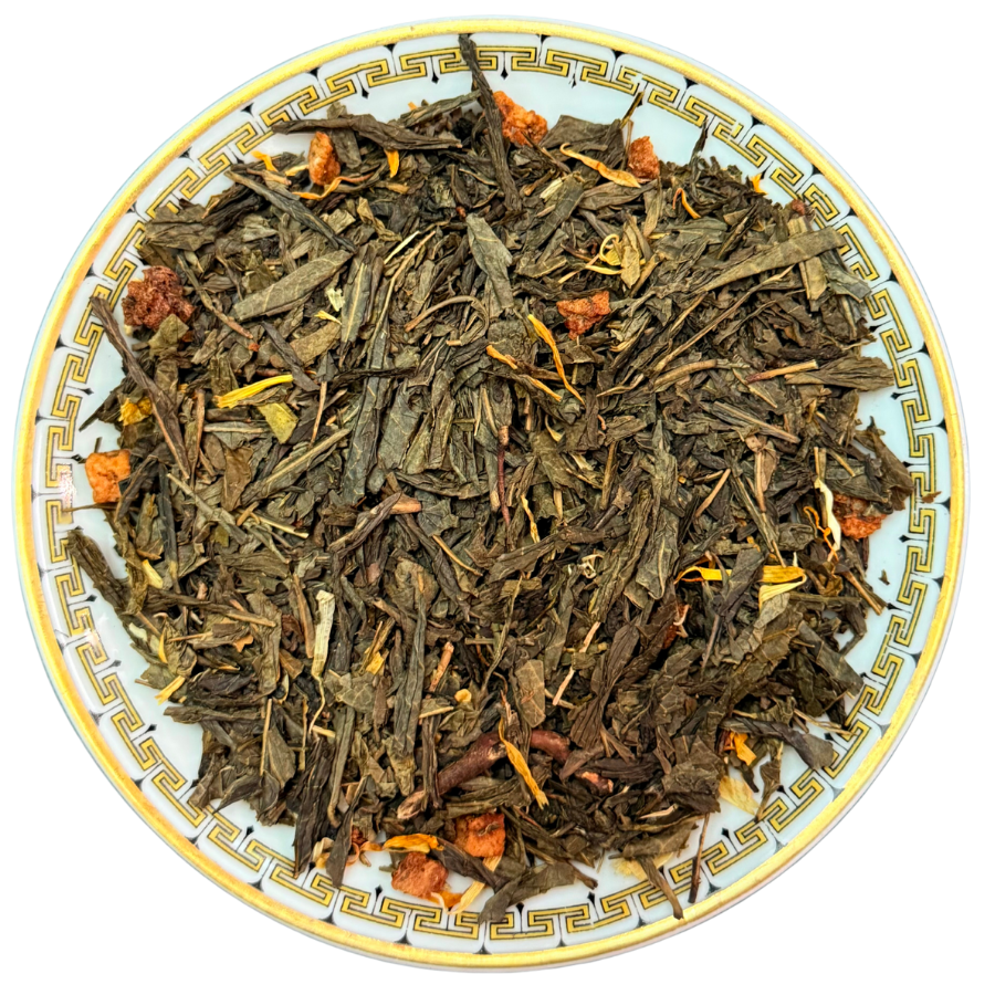 Tea leaves on a decorative plate with a white background