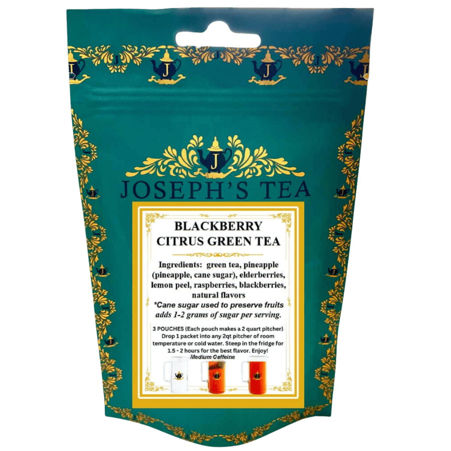 Packaging of Joseph's Tea Blackberry Citrus Green Tea with decorative elements.