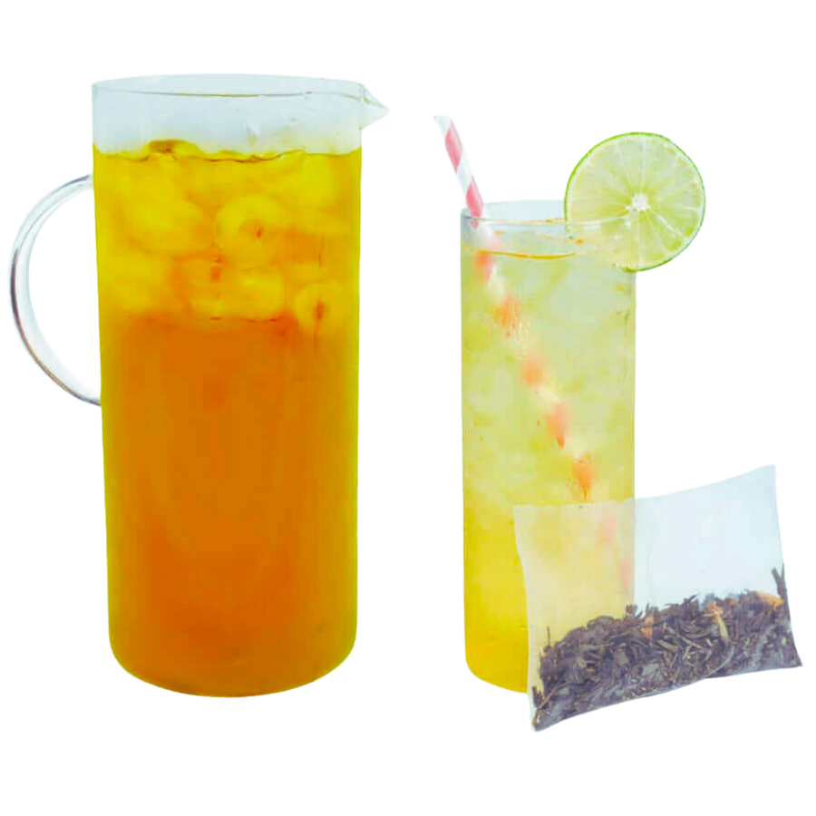 Glass pitcher and glass of iced tea with a lime wedge, next to a tea bag on a white background.