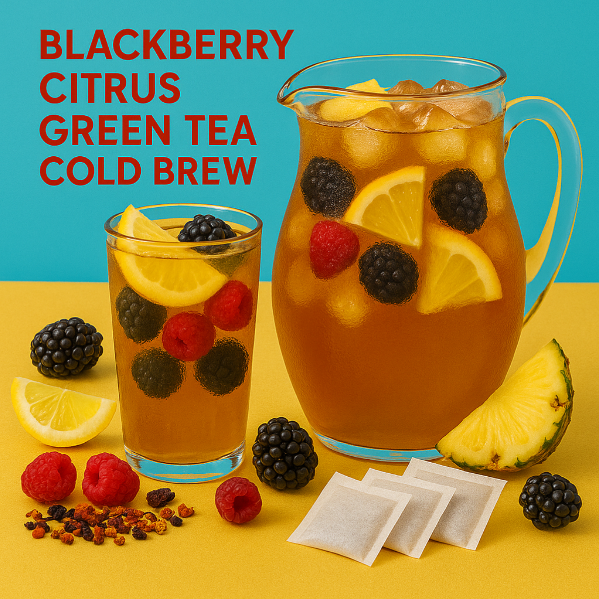 Blackberry Citrus Green Tea Cold Brew with pitcher and glass on a yellow and blue background