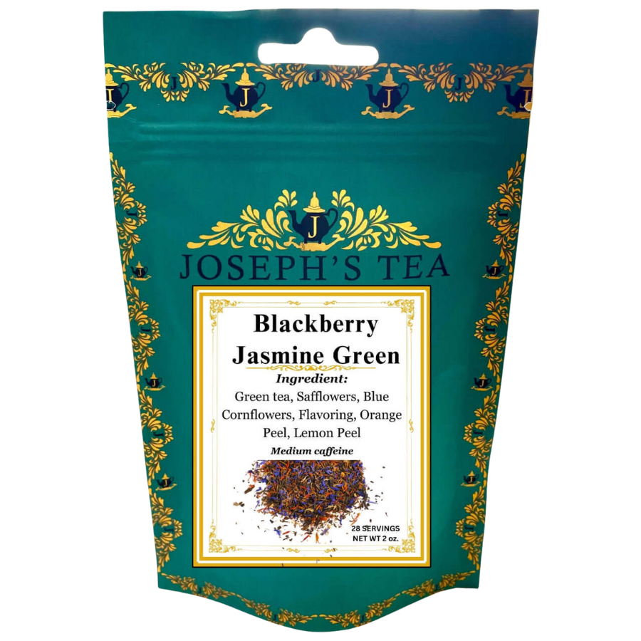 Tea package for 'Blackberry Jasmine Green' tea by Joseph's Tea with decorative elements.