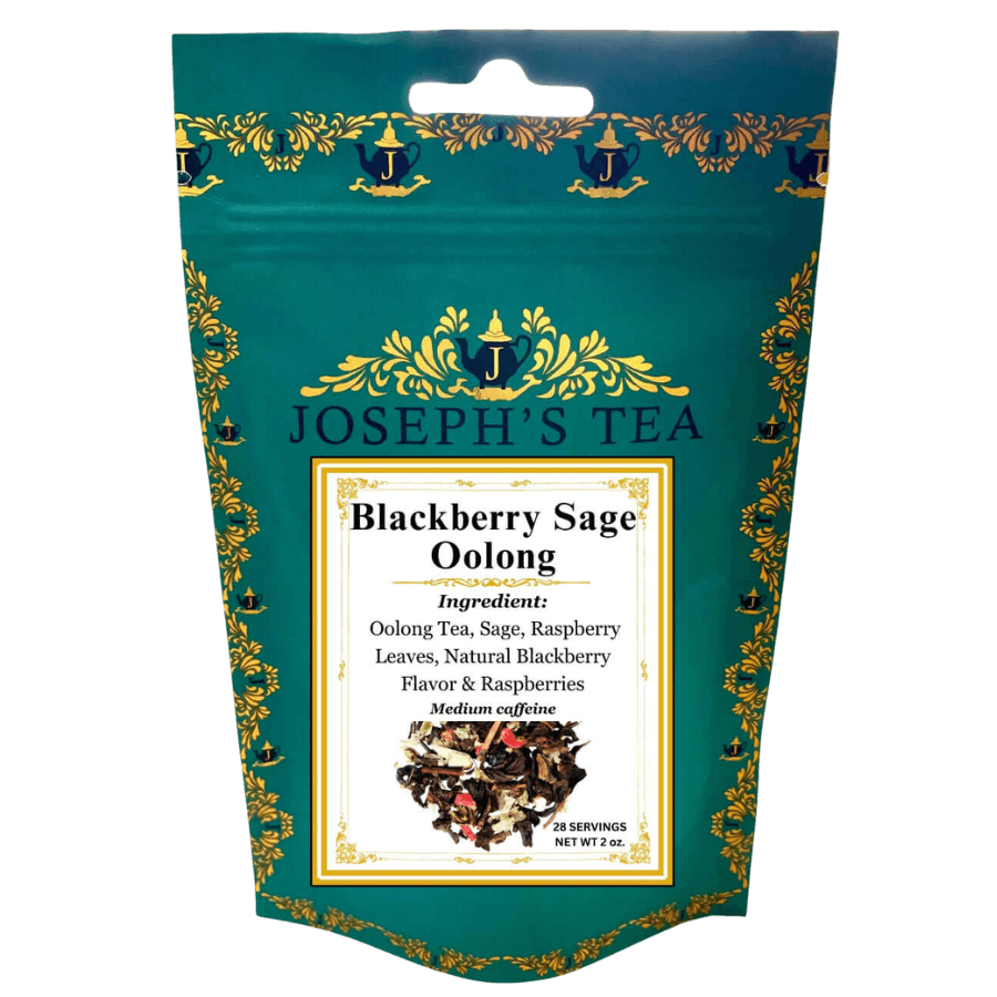 Tea package of Joseph's Tea Blackberry Sage Oolong on a white background