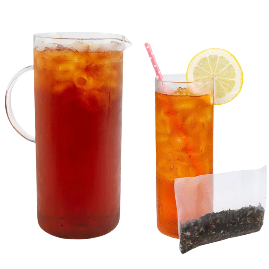 Iced tea with a lemon wedge and tea bag on a white background