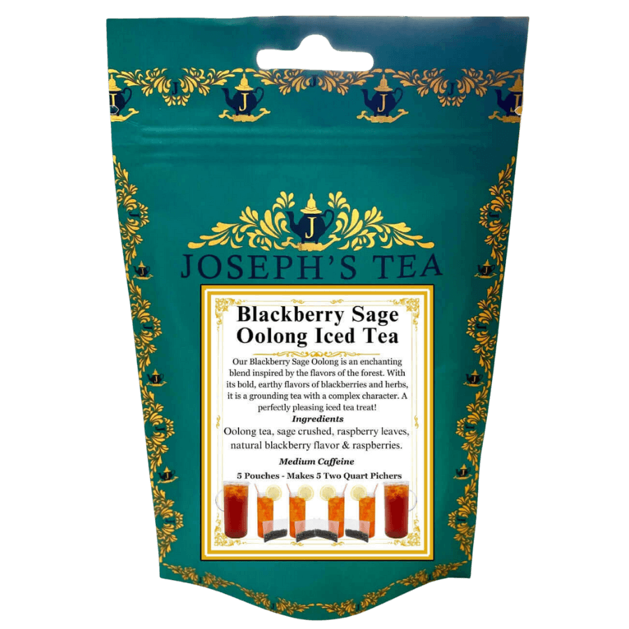 Packaging of Joseph's Tea Blackberry Sage Oolong Iced Tea with decorative elements.