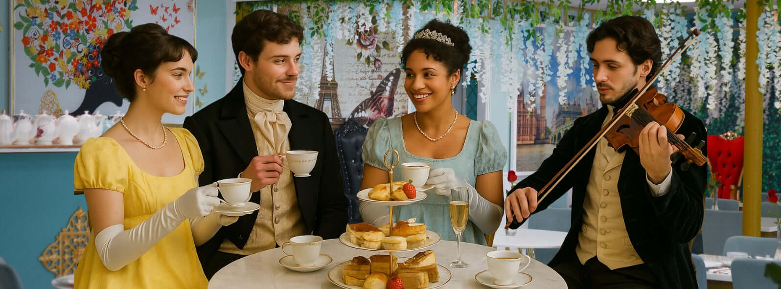Four people in period costumes sitting around a table with food and drinks, one playing a violin.