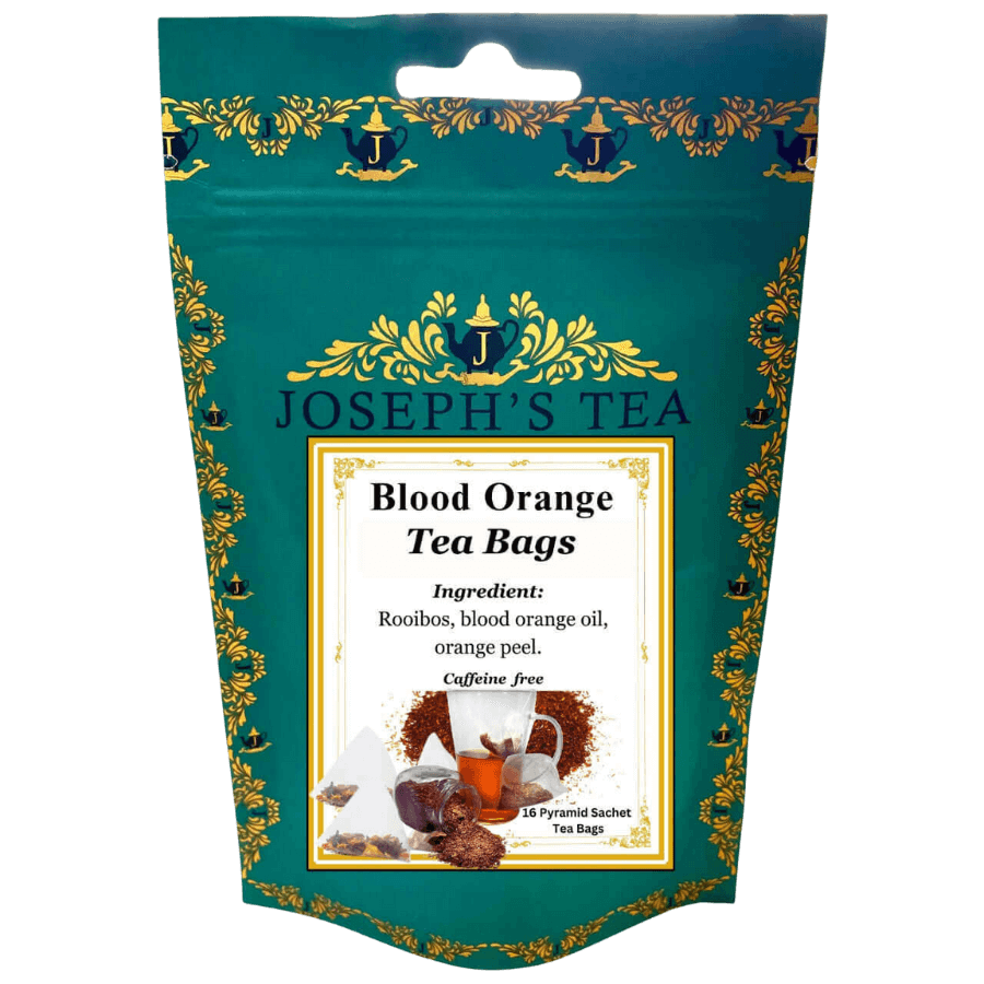 Pack of Joseph's Tea Blood Orange Tea Bags with decorative design on a white background