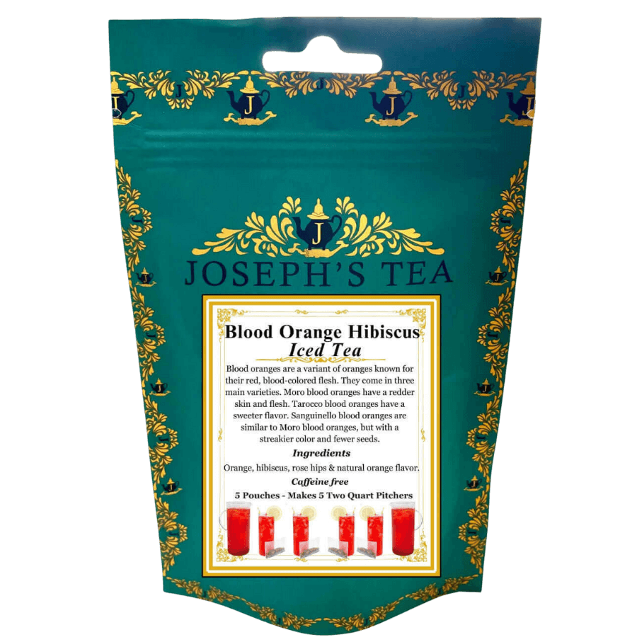 Joseph's Tea Blood Orange Hibiscus Iced Tea package with decorative elements on a white background