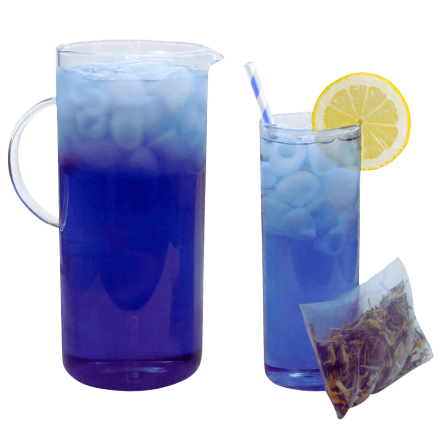 Two glasses of blue iced tea with a lemon slice and tea bag on a white background