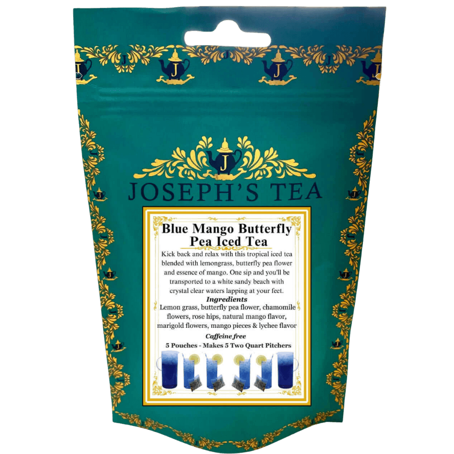 Joseph's Tea Blue Mango Butterfly Pea Iced Tea package with decorative elements