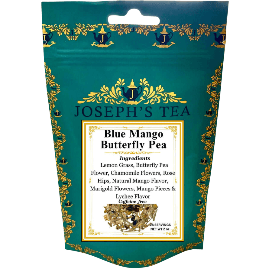 Joseph's Tea Blue Mango Butterfly Pea package with decorative elements on a white background