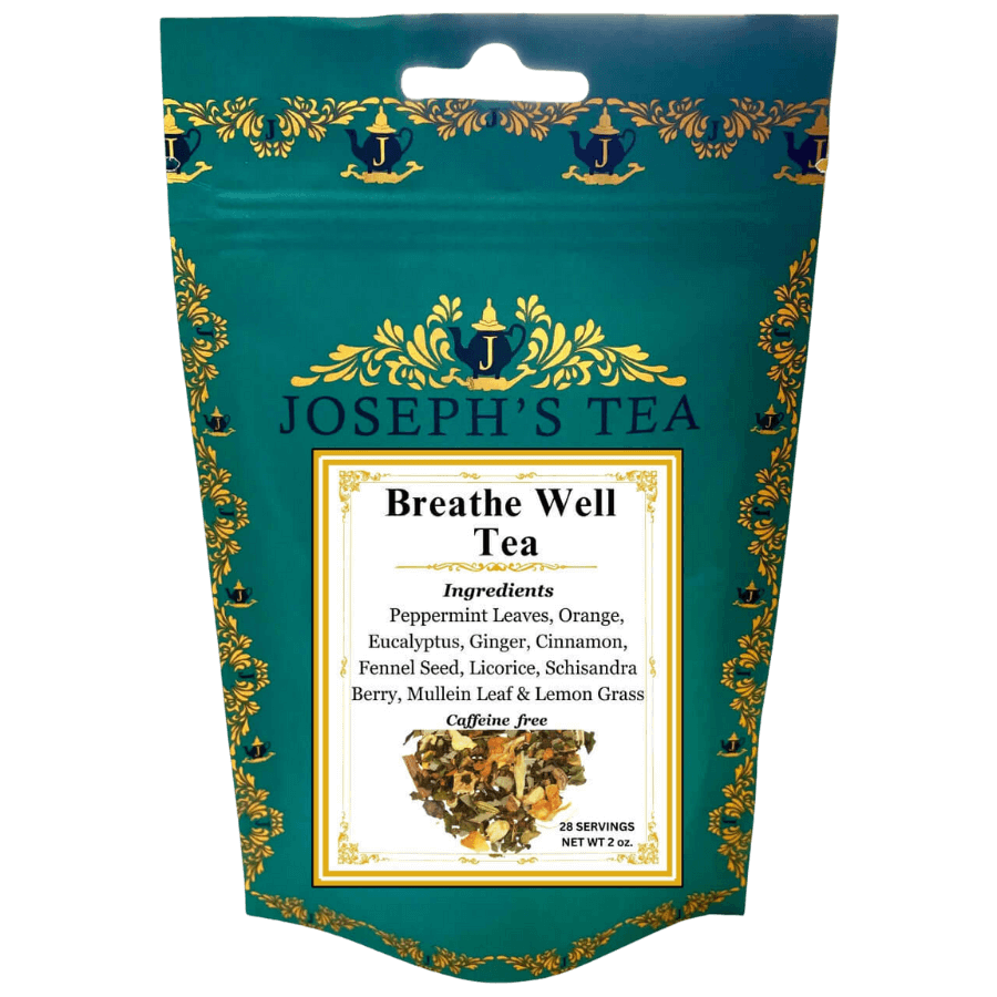Packaging of Joseph's Tea Breathe Well Tea with decorative elements and product details.