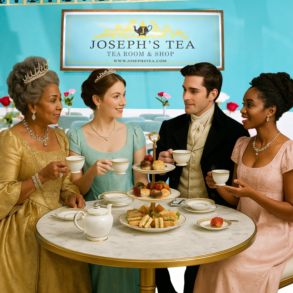 People in period costumes enjoying tea at a table with Joseph's Tea branding in the background.
