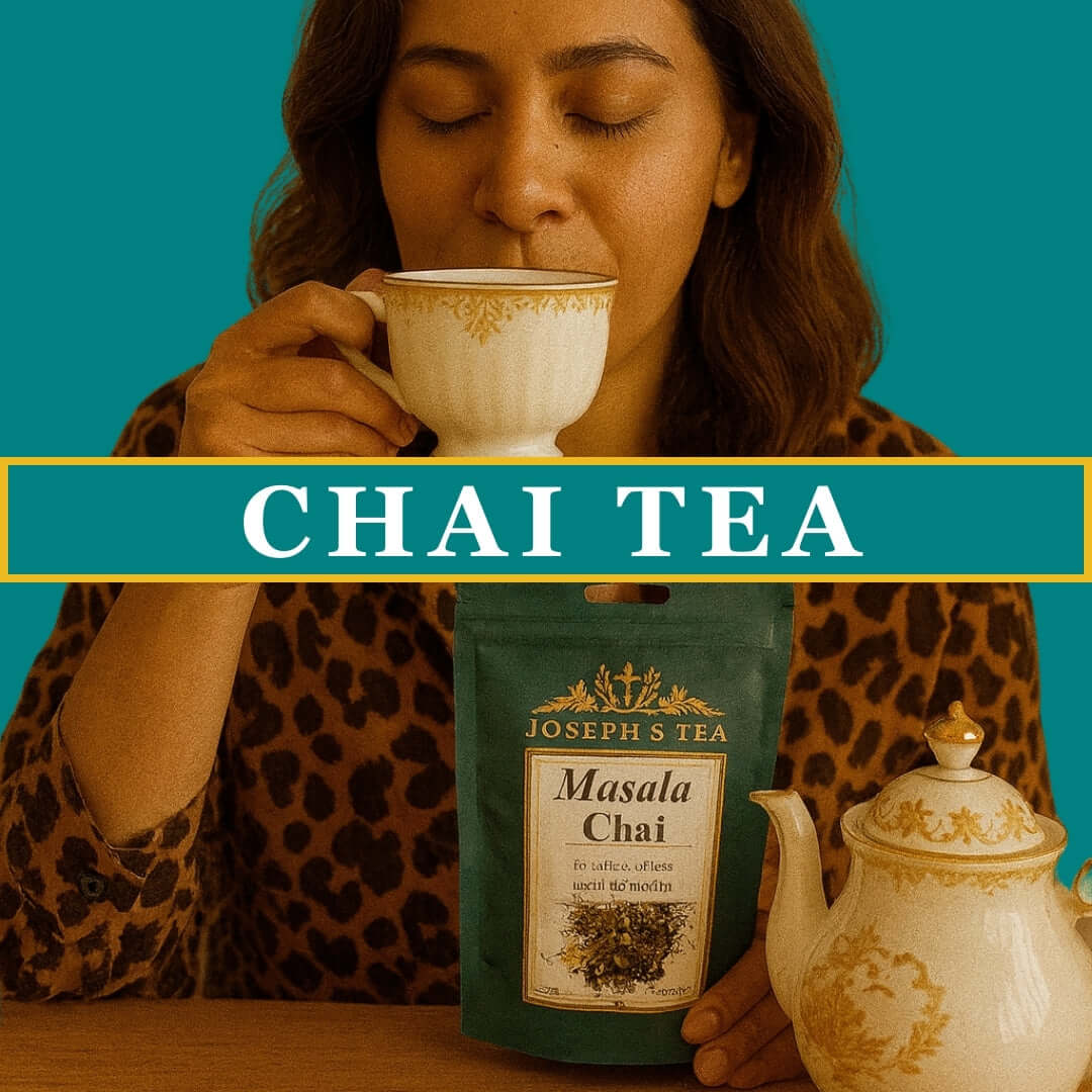 Woman drinking from a chai tea cup with a bag of Joseph's Tea Masala Chai in front of a teal background