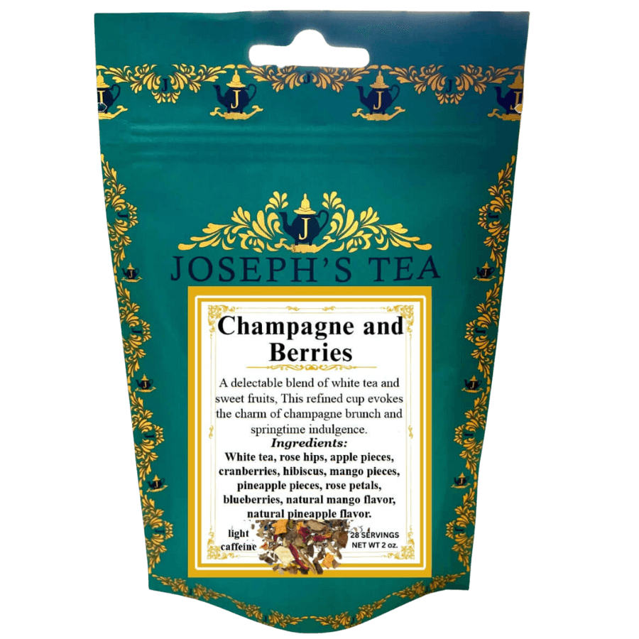 Tea package for 'Champagne and Berries' blend by Joseph's Tea with decorative design.