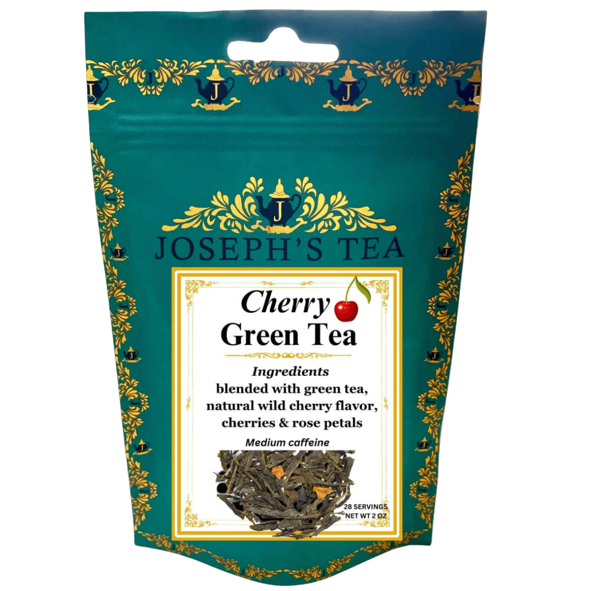Tea package for 'Cherry Green Tea' by Joseph's Tea with decorative elements.