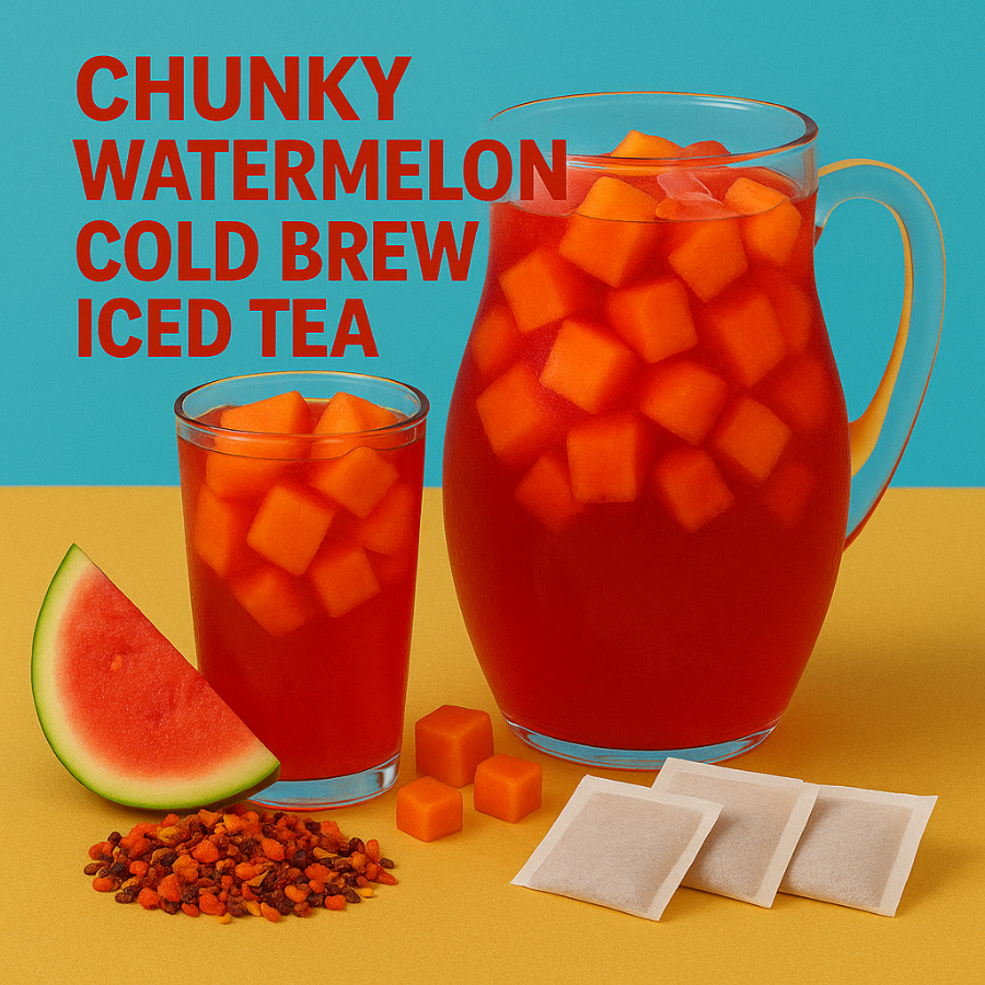 Chunky Watermelon Cold Brew Iced Tea with glasses of tea, watermelon cubes, and tea bags on a yellow and blue background.