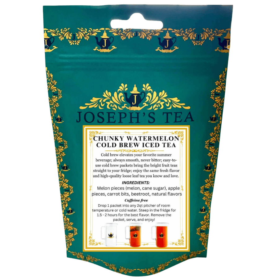 Packaging of Joseph's Tea Chunky Watermelon Cold Brew Iced Tea with decorative elements.