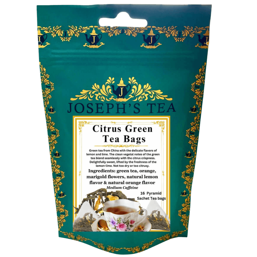 Pack of Joseph's Tea Citrus Green Tea Bags with decorative design and text.