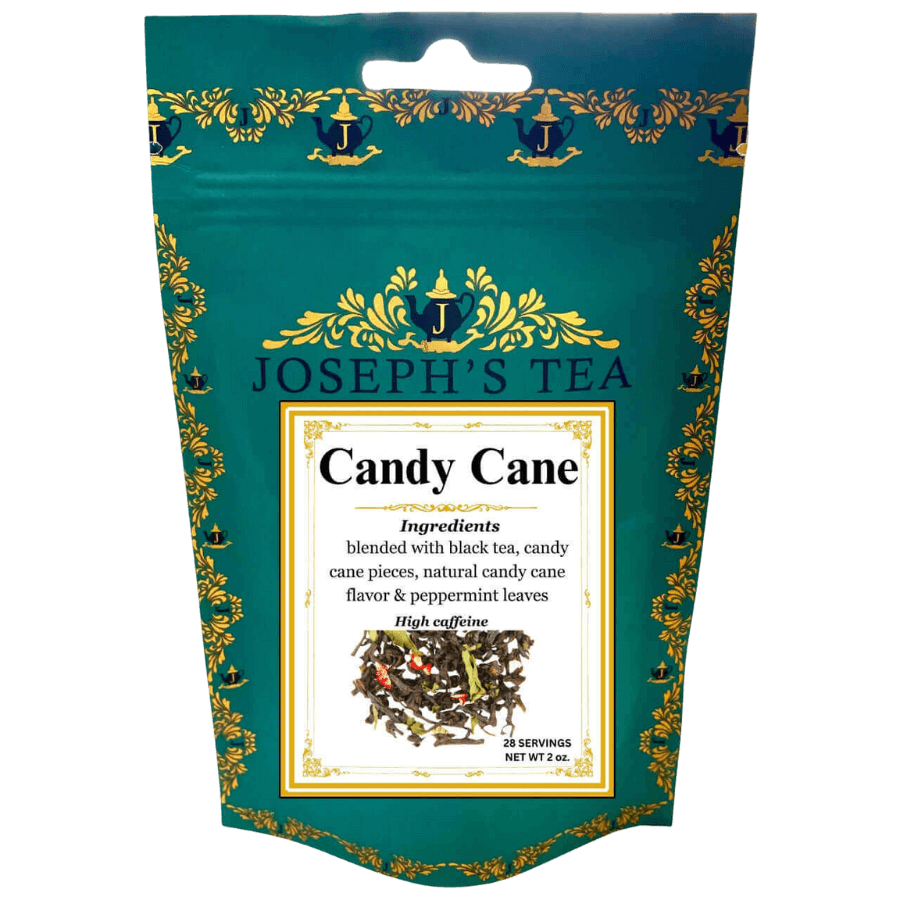 Joseph's Tea Candy Cane tea package with decorative elements on a white background