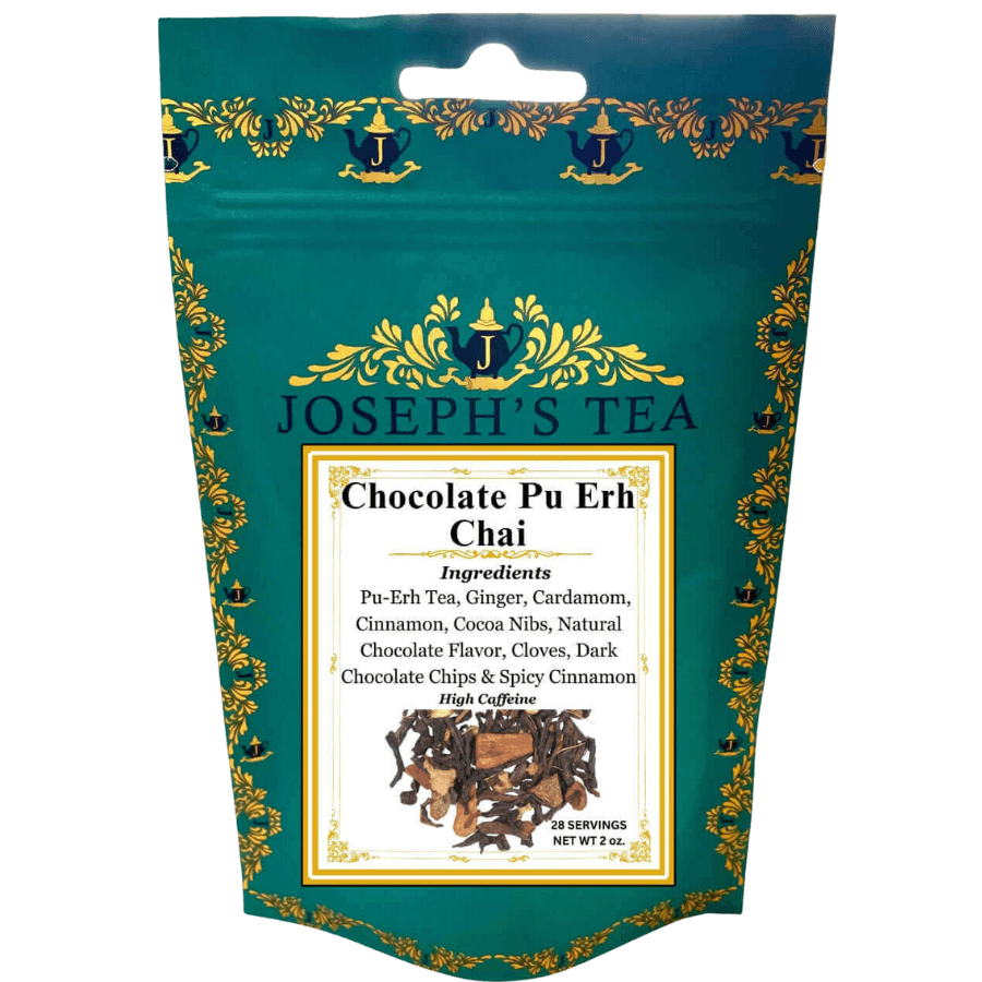 Packaging of Joseph's Tea Chocolate Pu Erh Chai with decorative elements and product details.