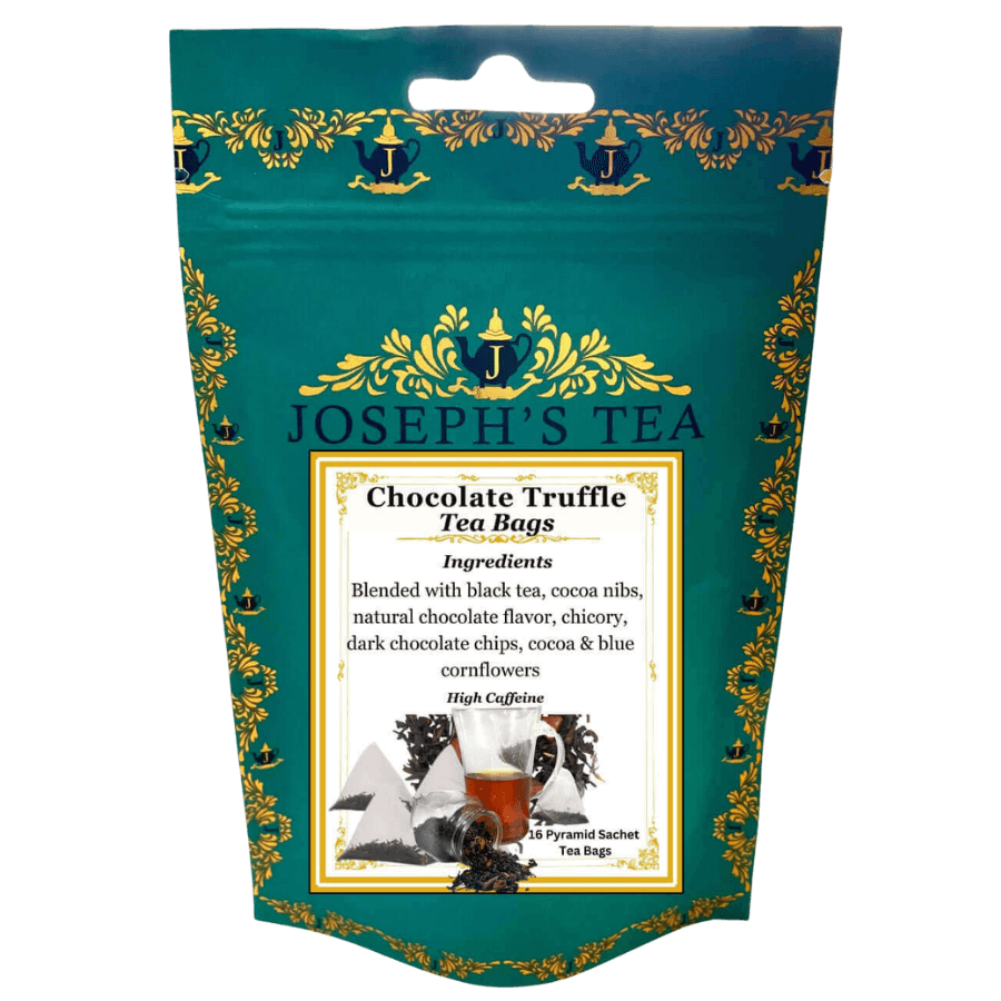 Packaging of Joseph's Tea Chocolate Truffle Tea Bags with decorative elements and branding.