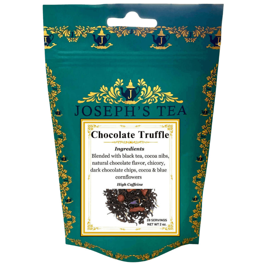 Joseph's Tea Chocolate Truffle tea package with decorative elements on a white background