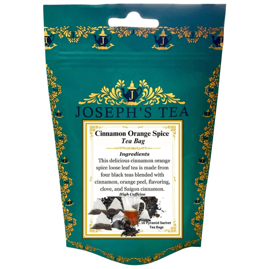 Tea bag package of Joseph's Tea with cinnamon orange spice flavor on a white background