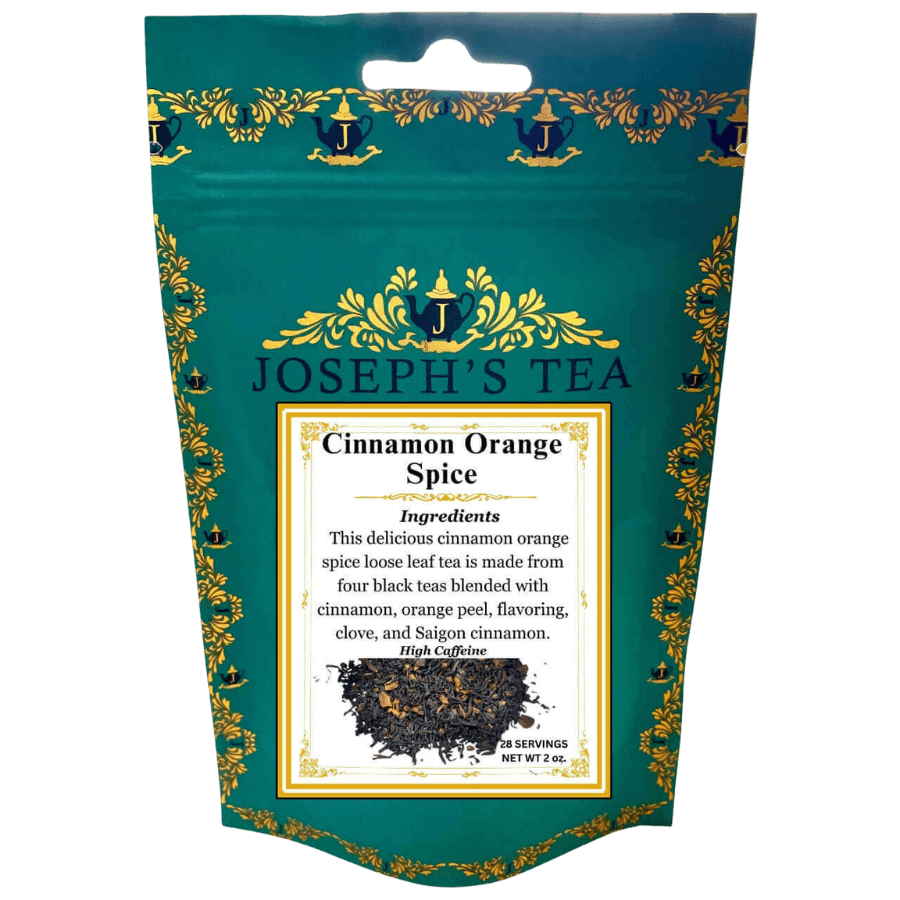 Tea package for 'Cinnamon Orange Spice' by Joseph's Tea with decorative elements.