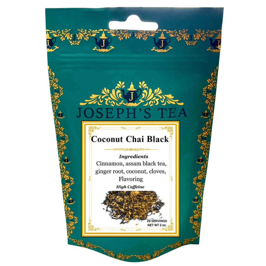 Tea package for 'Coconut Chai Black' by Joseph's Tea with decorative elements.