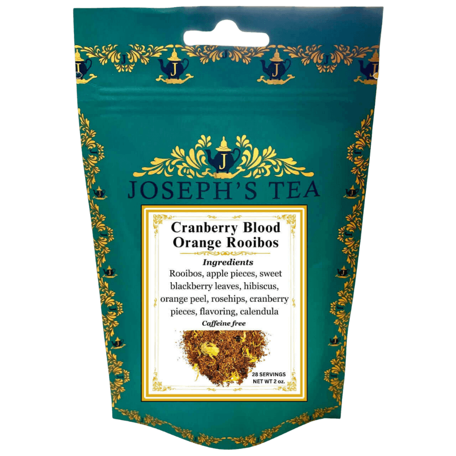 Tea package for 'Cranberry Blood Orange Rooibos' by Joseph's Tea with decorative elements.