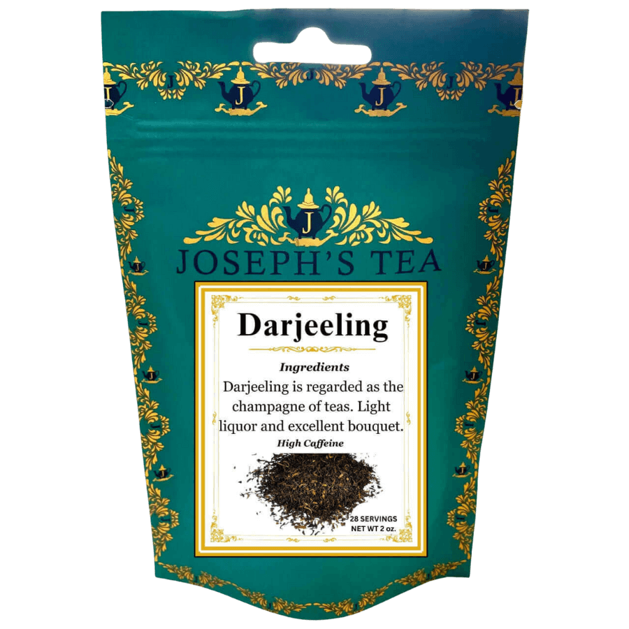 Tea package for Joseph's Tea Darjeeling with decorative elements on a white background