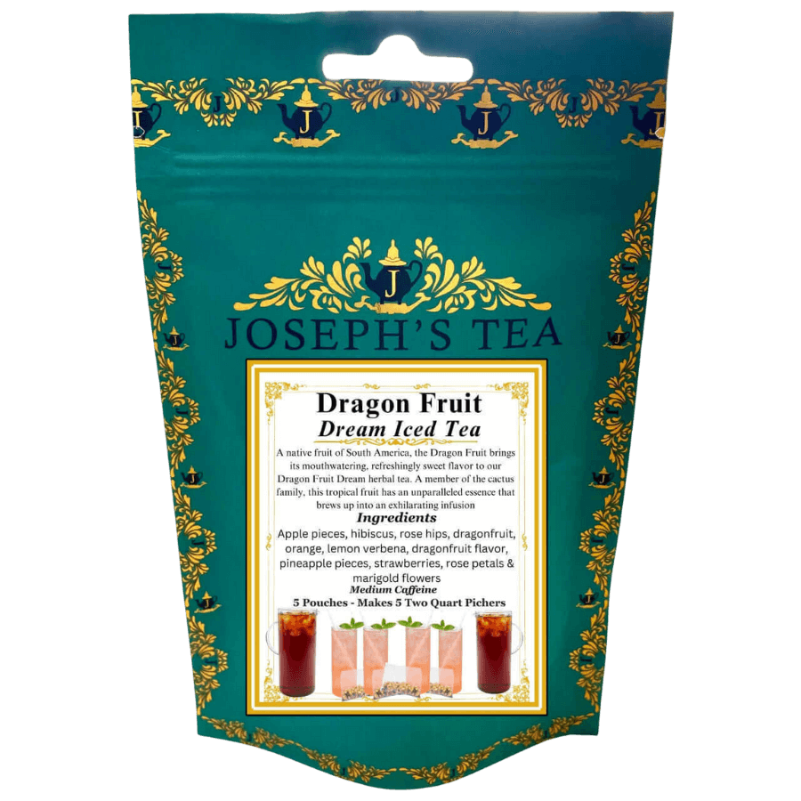 Packaging of Joseph's Tea Dragon Fruit Dream Iced Tea with decorative elements.