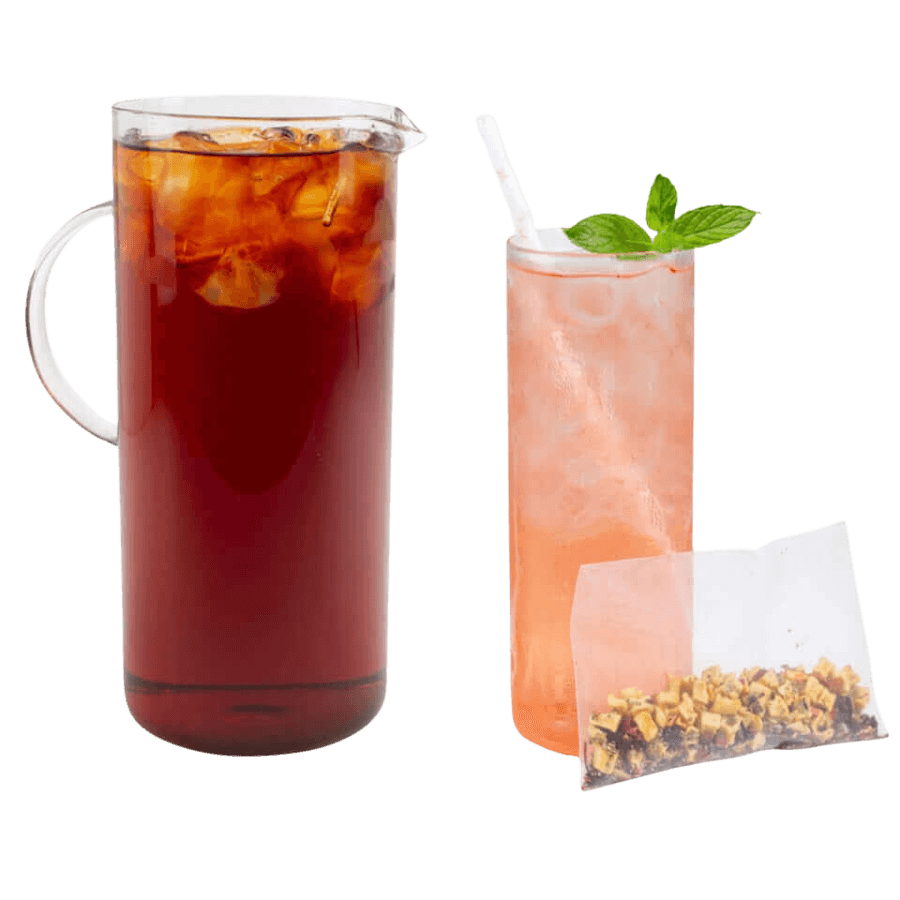 Iced tea in a glass pitcher, pink iced tea in a glass with mint, and a package of tea bags on a white background.