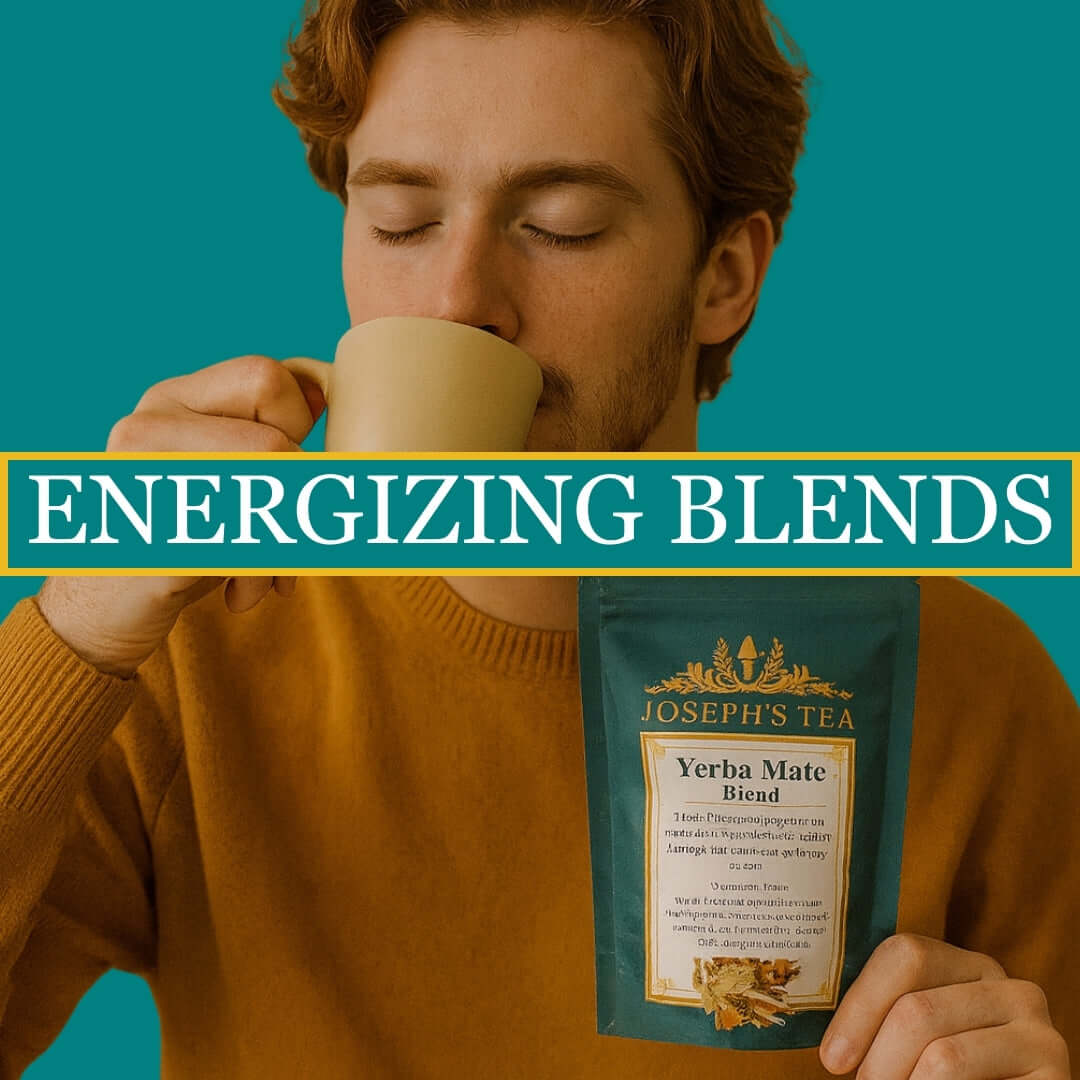 Man drinking from a mug with a Joseph's Tea Yerba Mate Blend package, against a teal background with 'Energizing Blends' text.