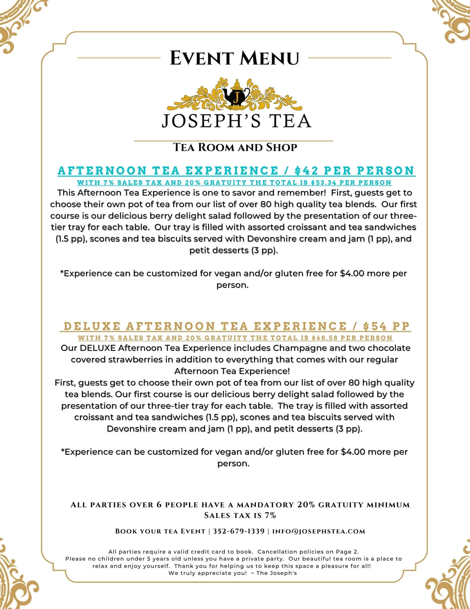 Event menu for Joseph's Tea with afternoon tea experience details.