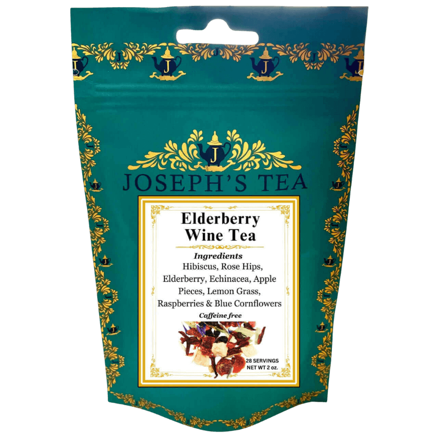 Packaging of Joseph's Tea Elderberry Wine Tea with decorative elements on a white background