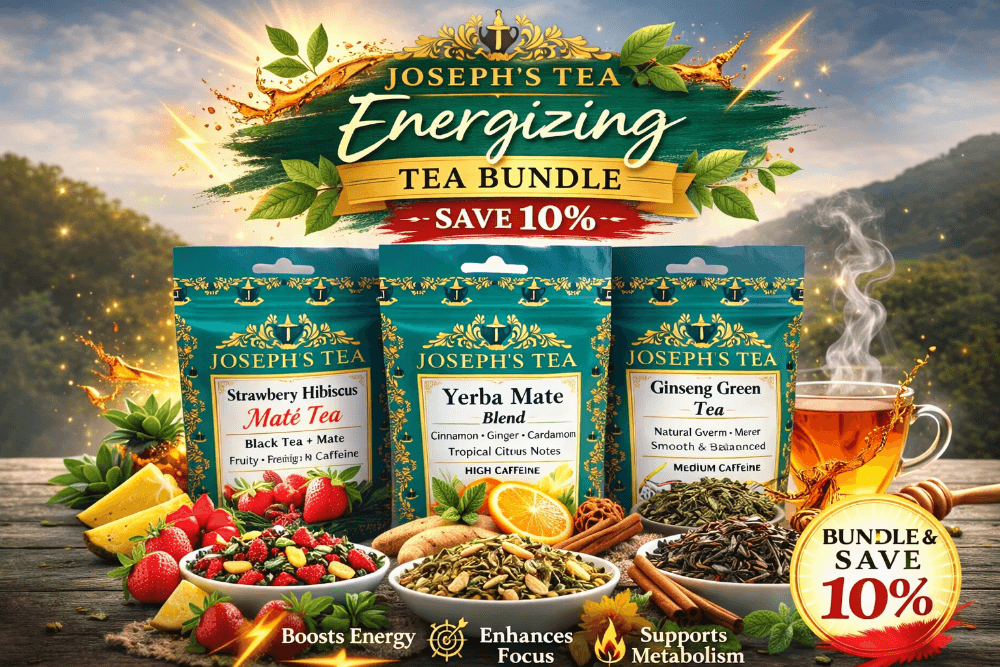 Promotional image of Joseph's Tea Energizing Bundle with tea packages and ingredients on a scenic background.