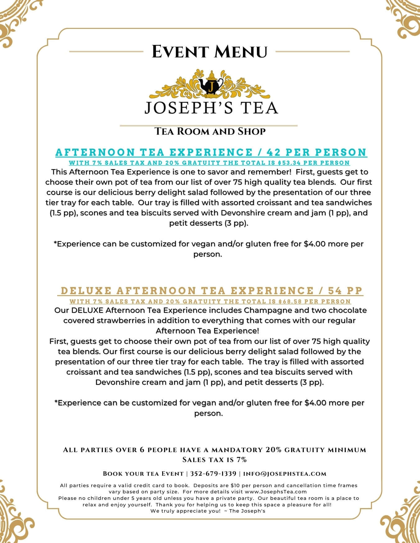 Event menu for Joseph's Tea with details on afternoon tea experiences.