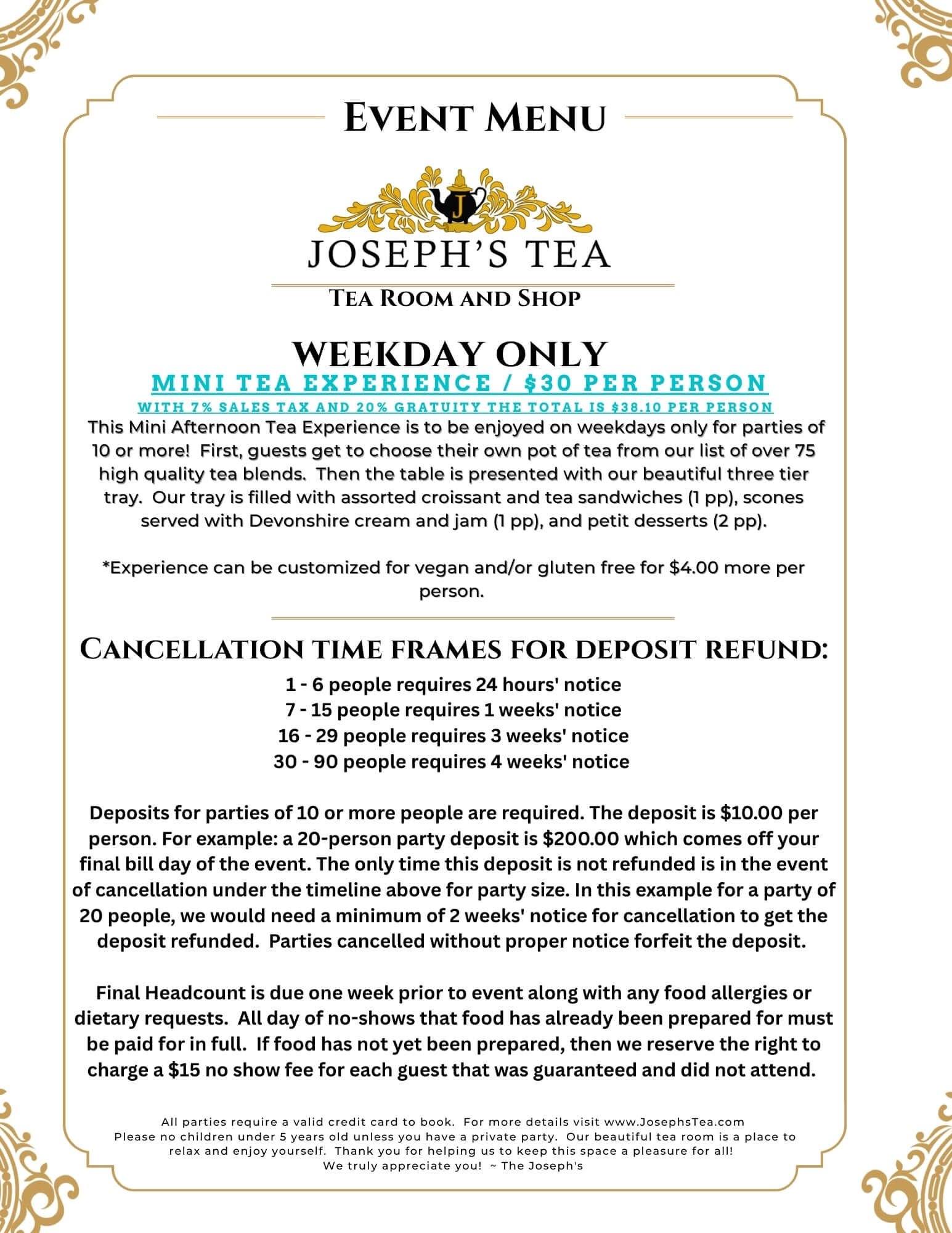 Event menu for Joseph's Tea with gold decorative elements