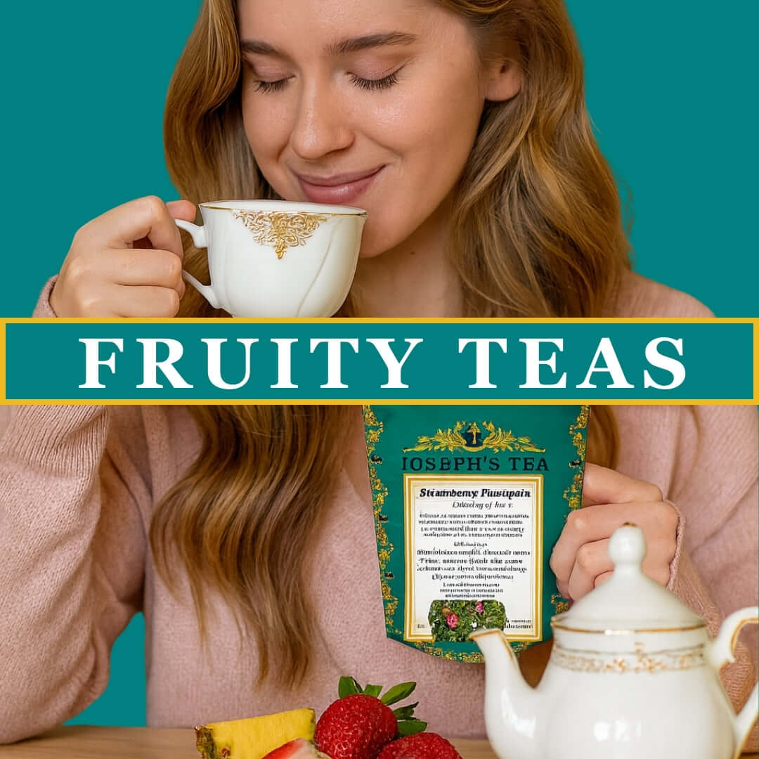 Woman drinking from a teacup with 'Fruity Teas' text and a tea set in the background.