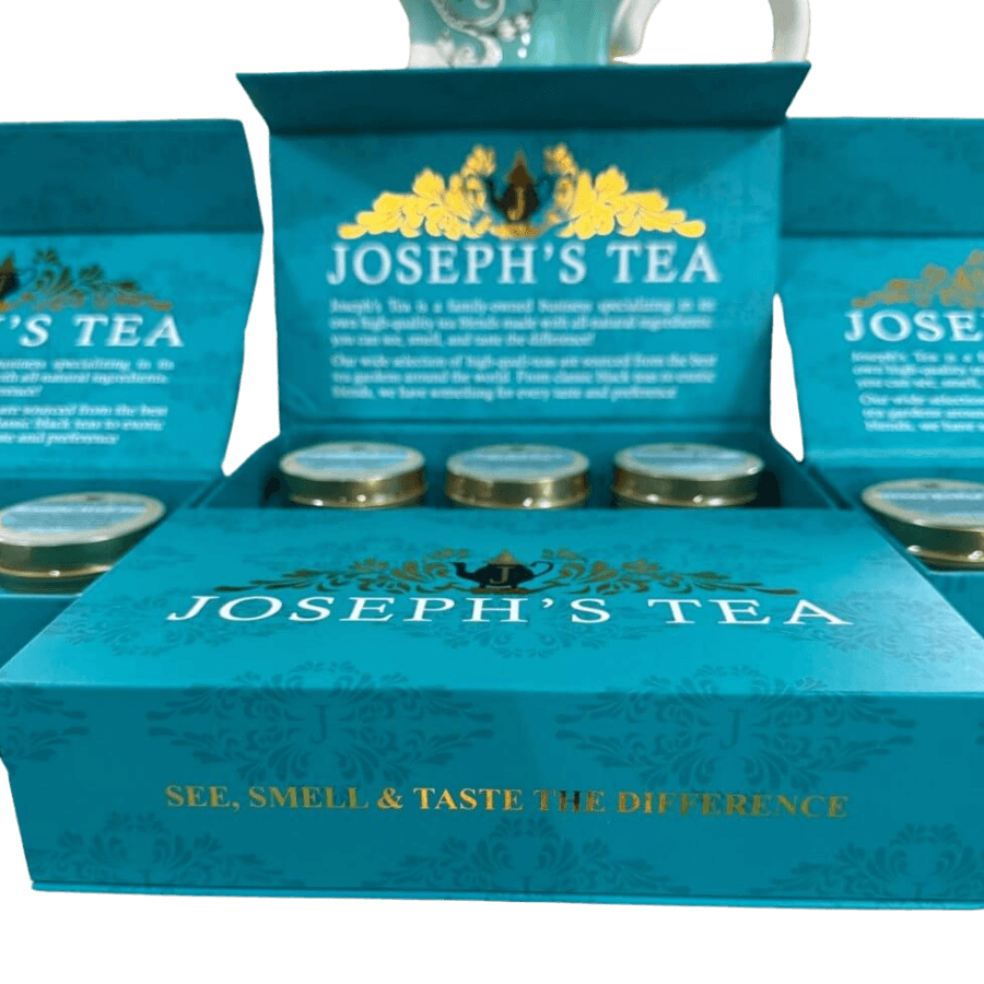 Gift Box featuring Joseph's Tea set with four tins and infuser, offering a premium tea experience.